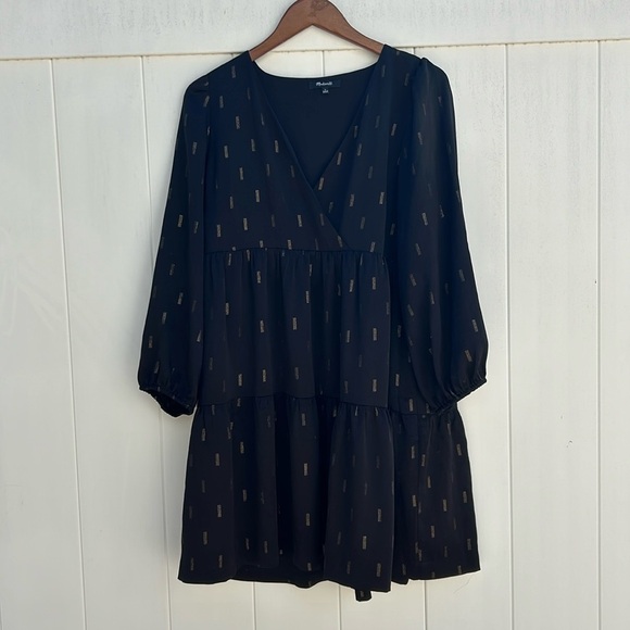 Madewell Black and Gold Metallic Jacquard Faux Wrap Tiered Mini Dress Size L - Picture 1 of 6